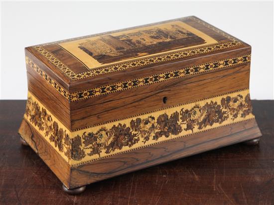 A Tunbridge Ware rosewood Penshurst Place mosaic tea caddy, attributed to Henry Hollamby, 9.5in.